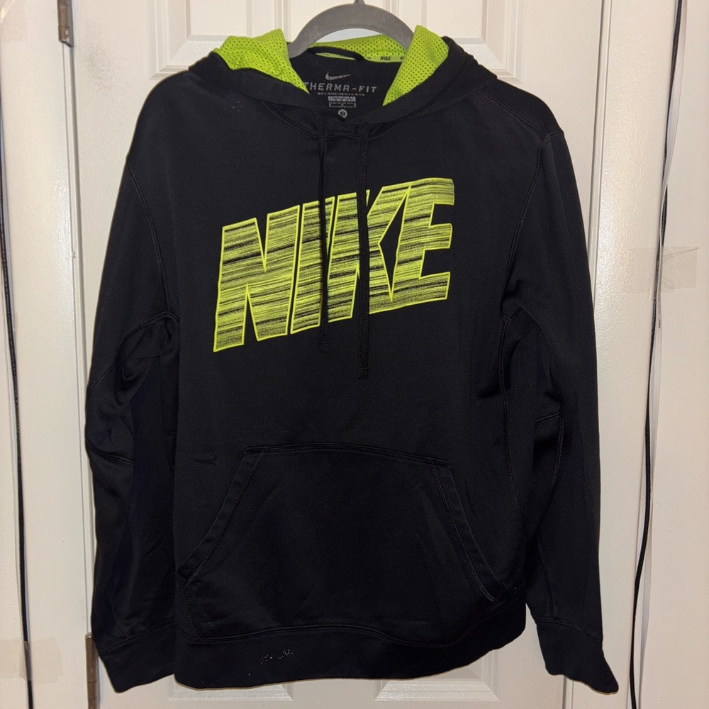 Nike Black and Neon Green Men's Hoodie